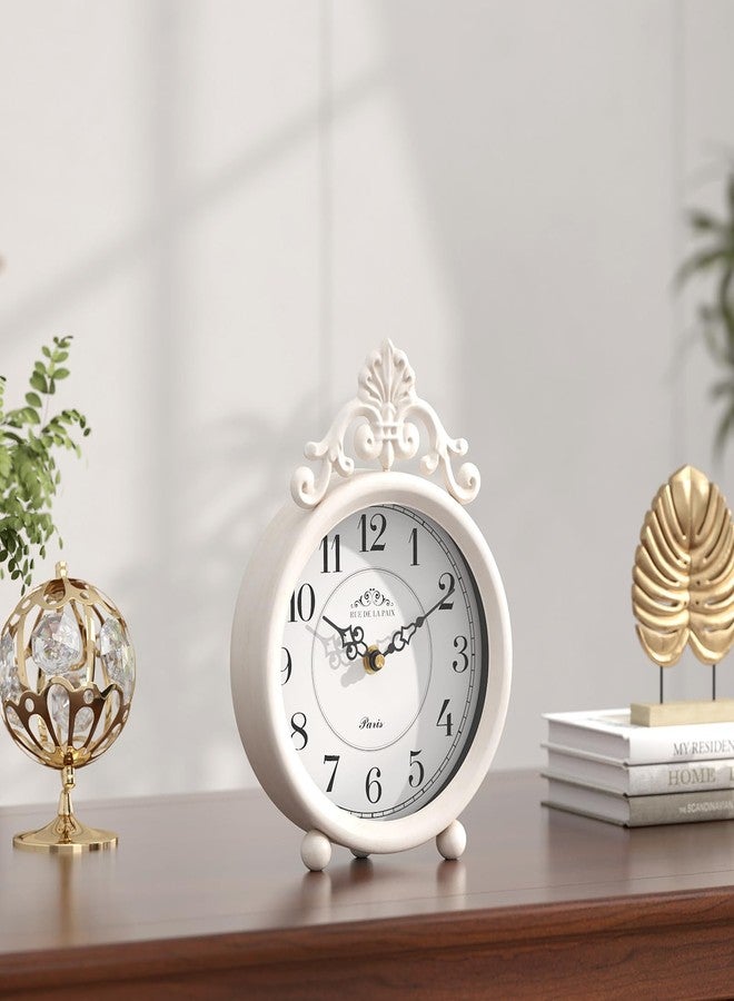 ChimeTide Vintage White Table Clock, Desk and Shelf Mantel Clock, French Rustic Antique Style Decor Clocks, for Farmhouse, Bedroom, Living Room, Bedside, Gift (9" H x 6.3" W) - Image 4